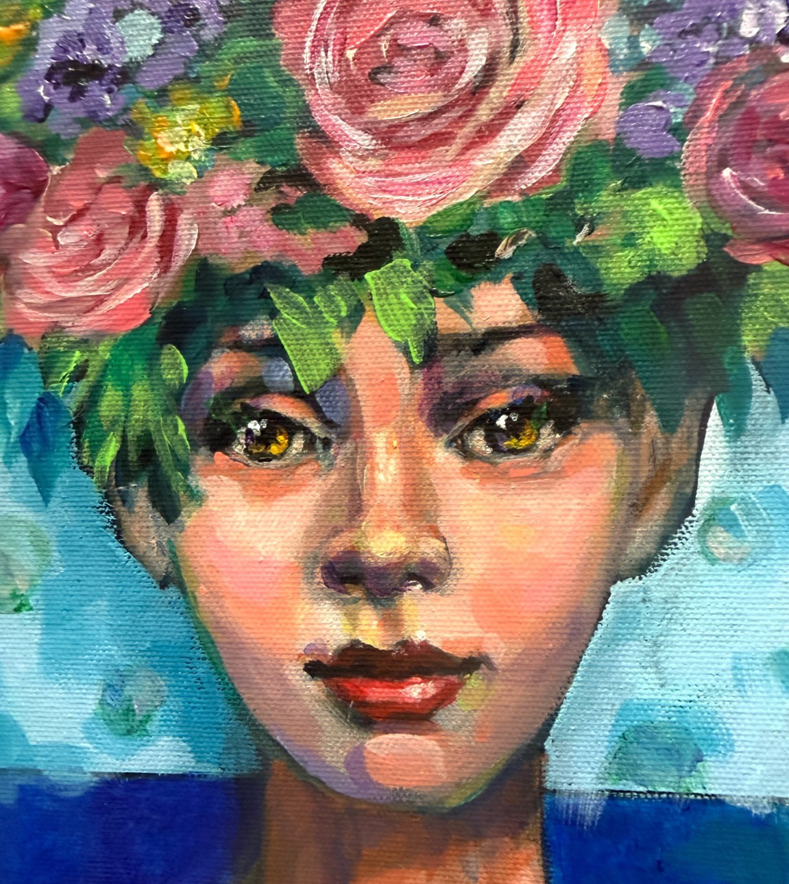 Original Floral Portrait Painting Woman w/ Flower Crown Acrylic 8×10 OOAK Signed