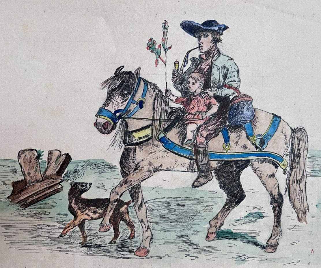 Vintage Original Old Drawing Man on a Horse with Kid and Dog