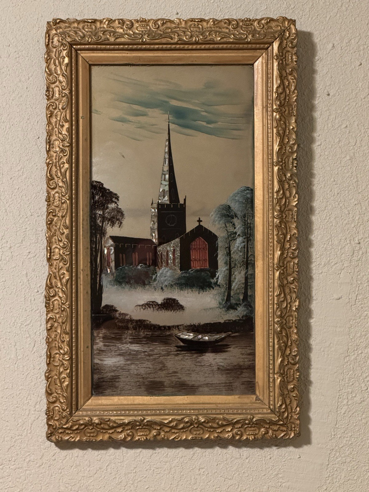 Vintage Reverse Glass Painting Mother of Pearl Inlay Church Boat Lake Scene