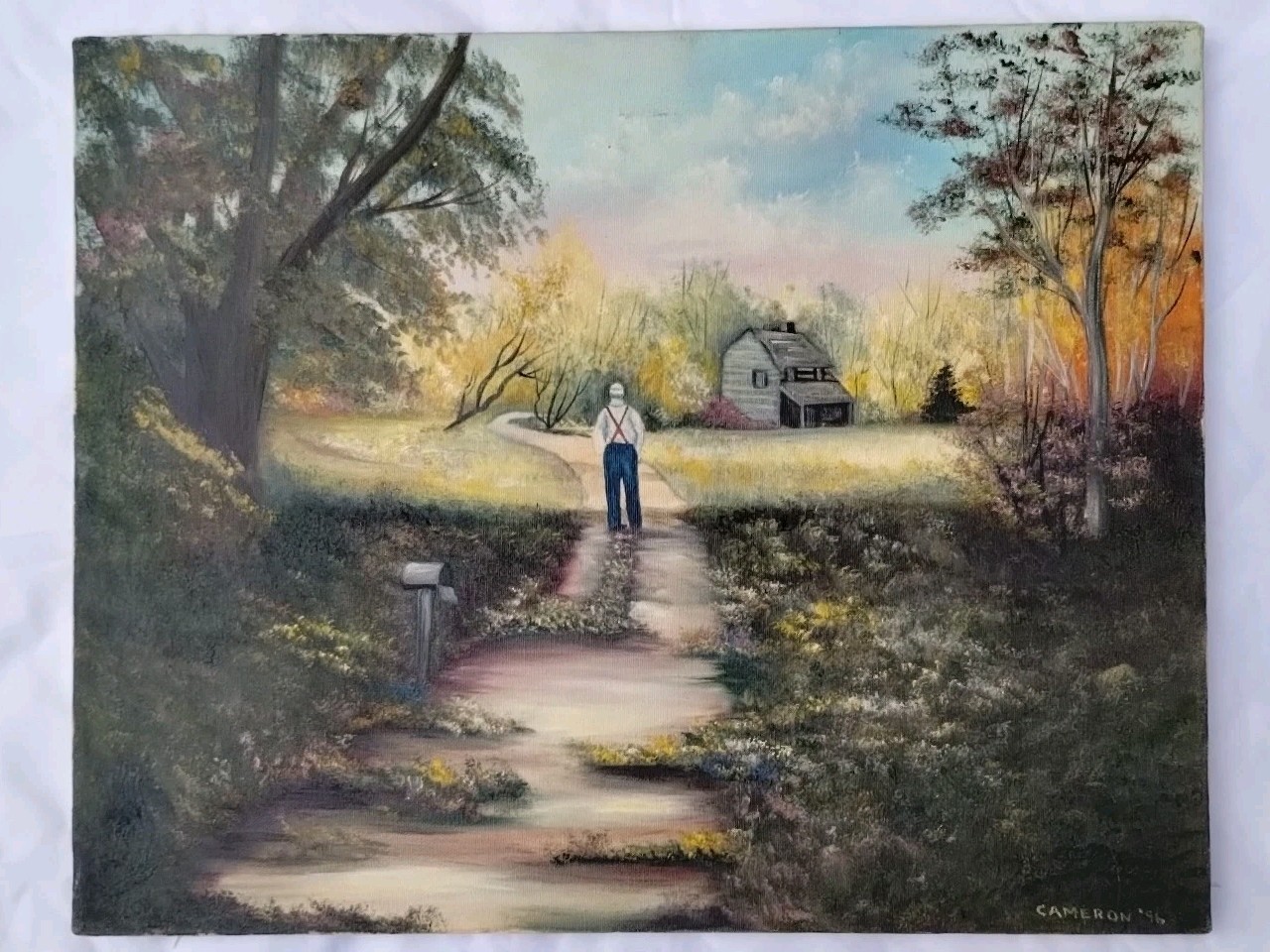 Vtg Amateur Painting Country Landscape Grandpa House Woods Cottagecore Acrylic