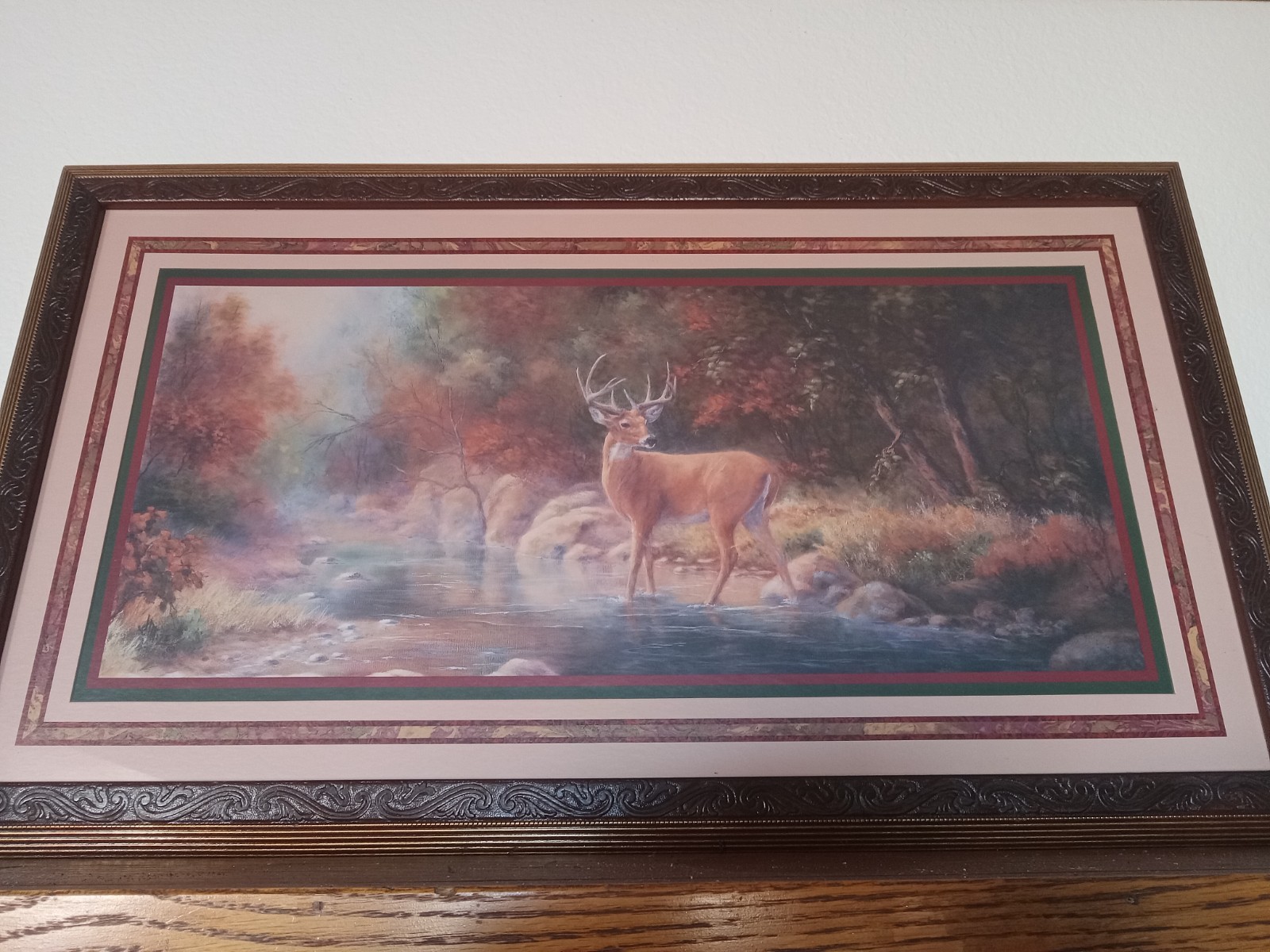 Whitetail Deer Buck In Woods By Creek Matted & Framed 30″X17″ BY ARTIST J. MIZE