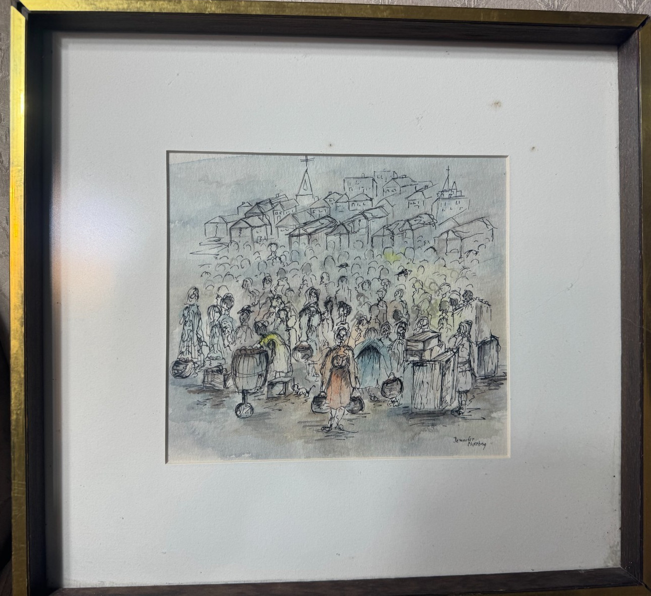 Jennifer Myerberg «Many Figures Scene» Pen, Ink And Watercolor Painting – Framed