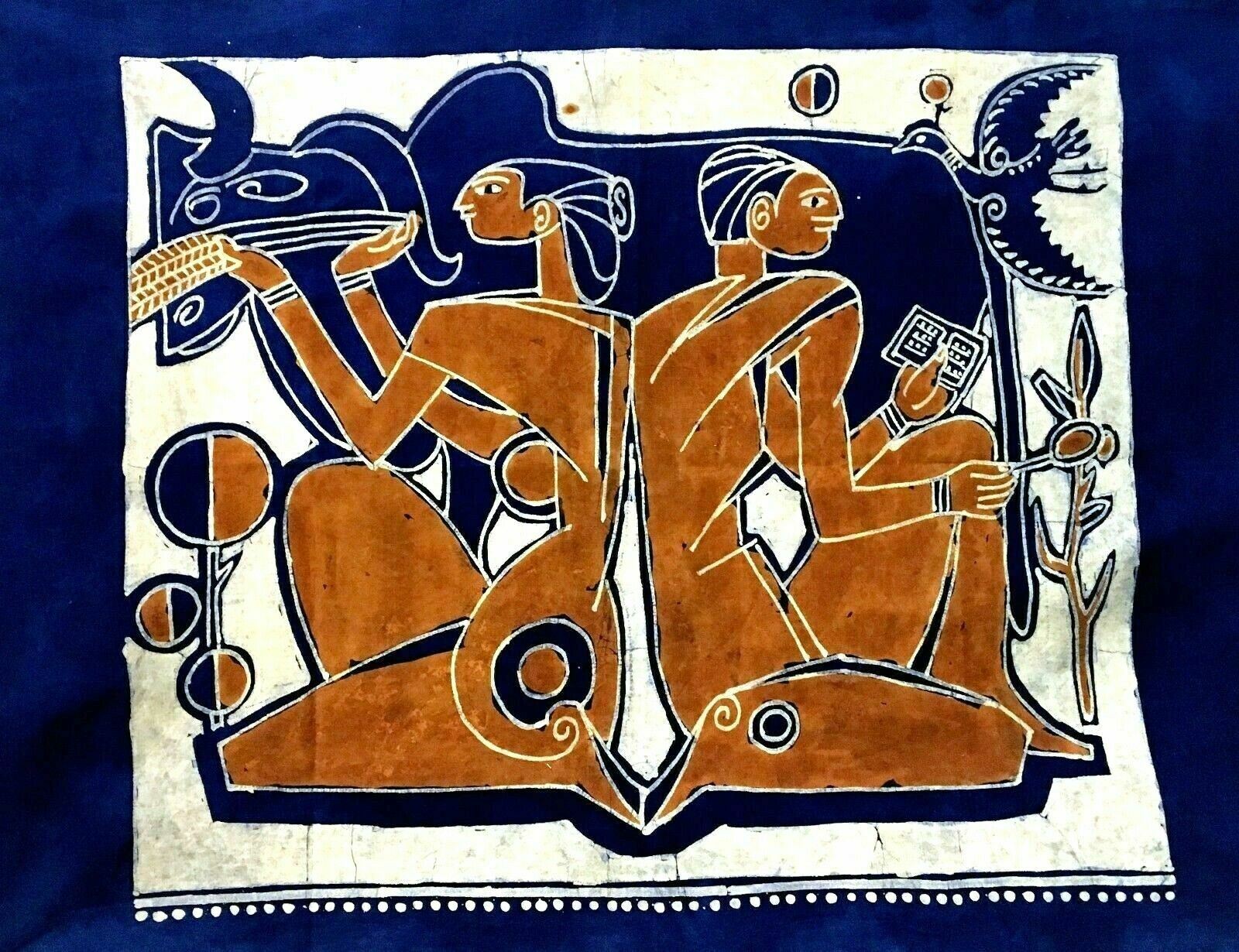 Batik Hand Print Fabric Painting Man Woman Bird Greek Style Blue Brown Vintage