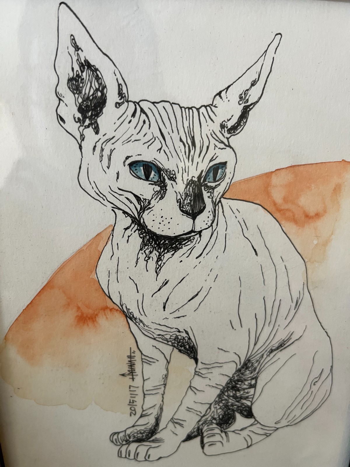 Original Sphynx Cat Portrait Ink & Watercolor Signed 2015 – Framed Contemporary