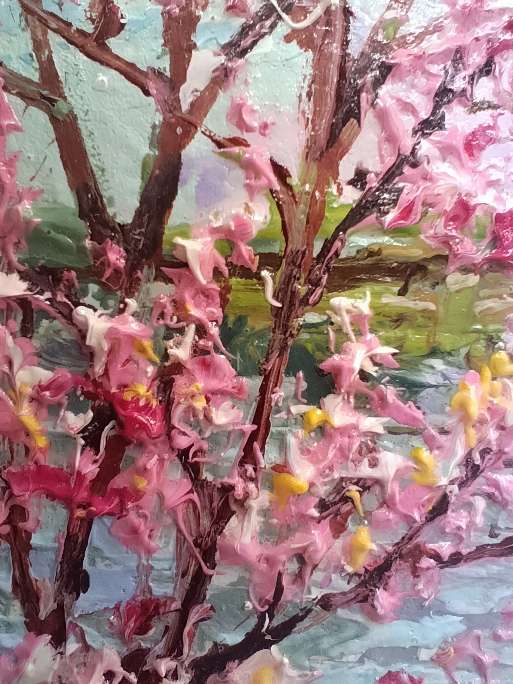 Original Pink Tree Painting Small White Framed River Pond Water Reflections Art
