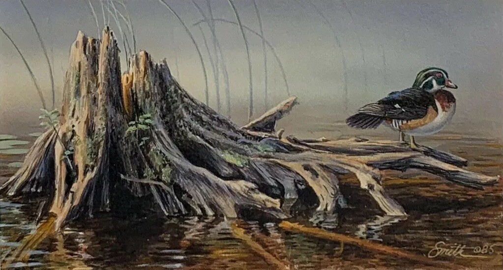 Montana Wildlife Artist Dan Smith. Miniature Painting Of Wood Duck. Signed. 1985