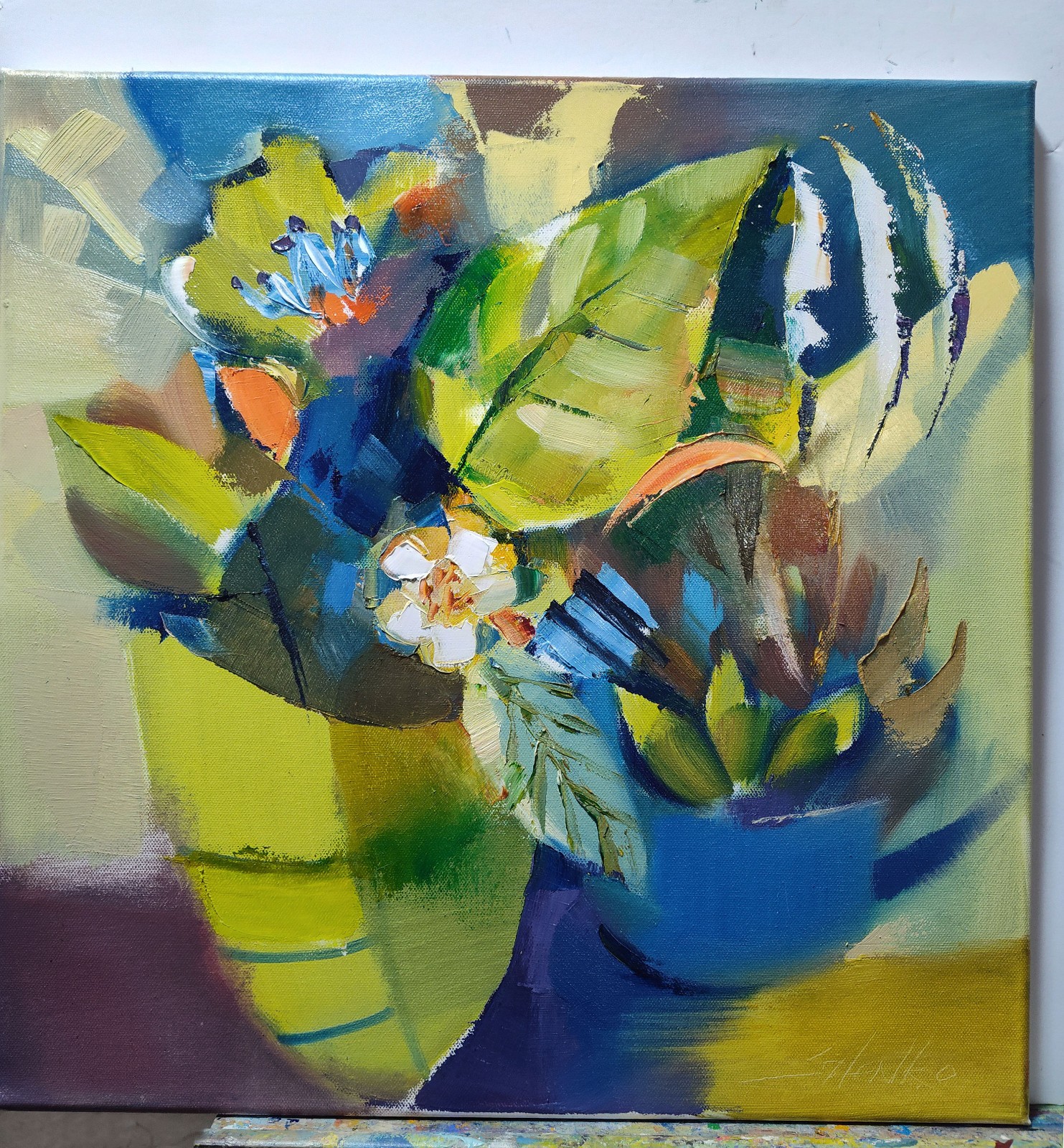 Original oil painting 18″x18″ Contemporary Floral art, Green Blue Decorative Art