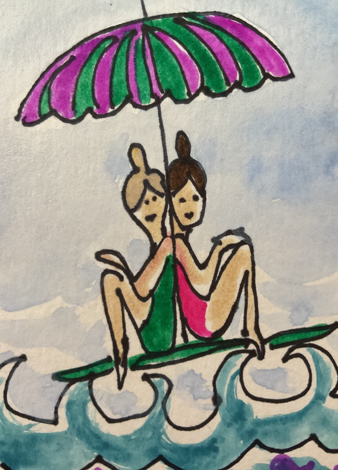 ACEO watercolor art by PJ, art card 2.5 x 3.5: girls at sea.
