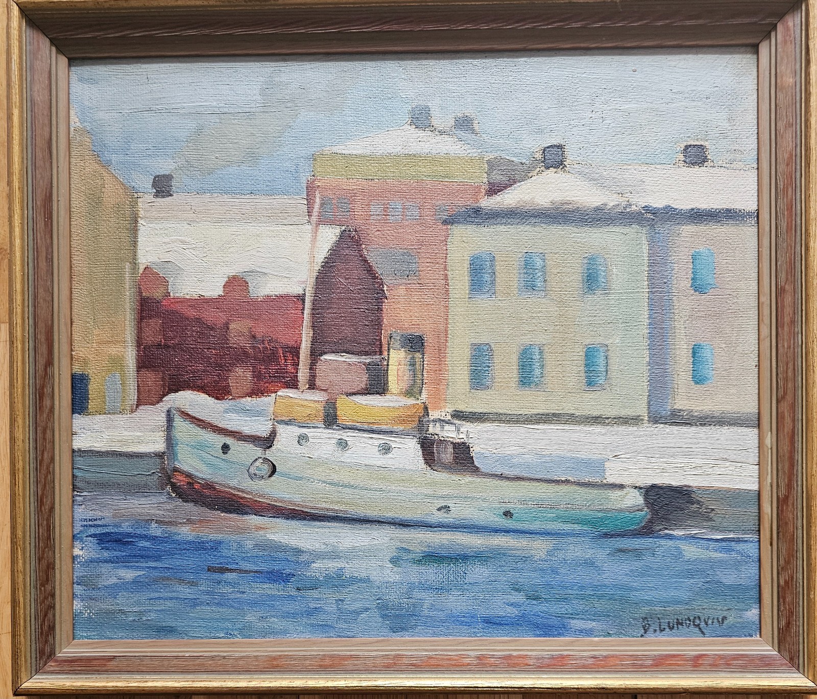 SCANDINAVIAN HARBOR OIL PAINTING BOAT AND PASTEL HOUSES SIGNED BERTIL LUNDQVIST