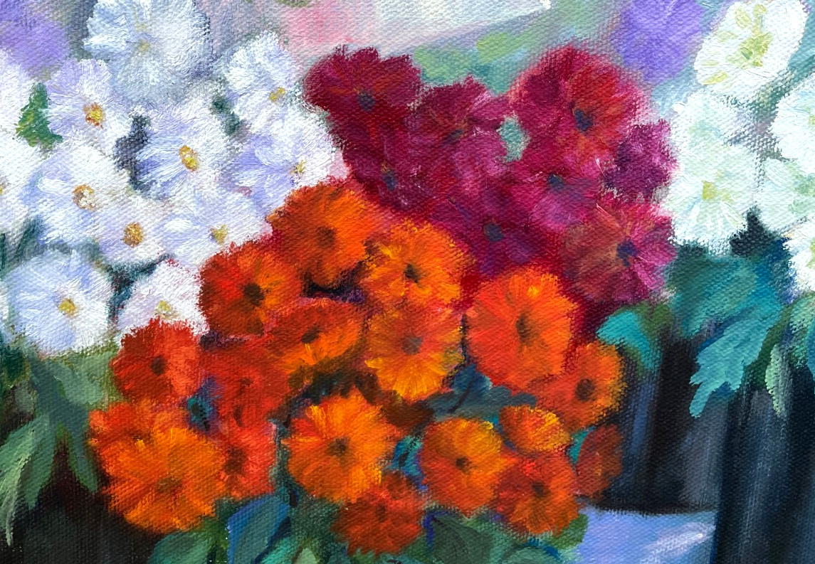 MUMS MULTI-COLOR, ORIGINAL FLORAL PTG. By: A. Albancgi, Signed-Framed-BEAUTIFUL