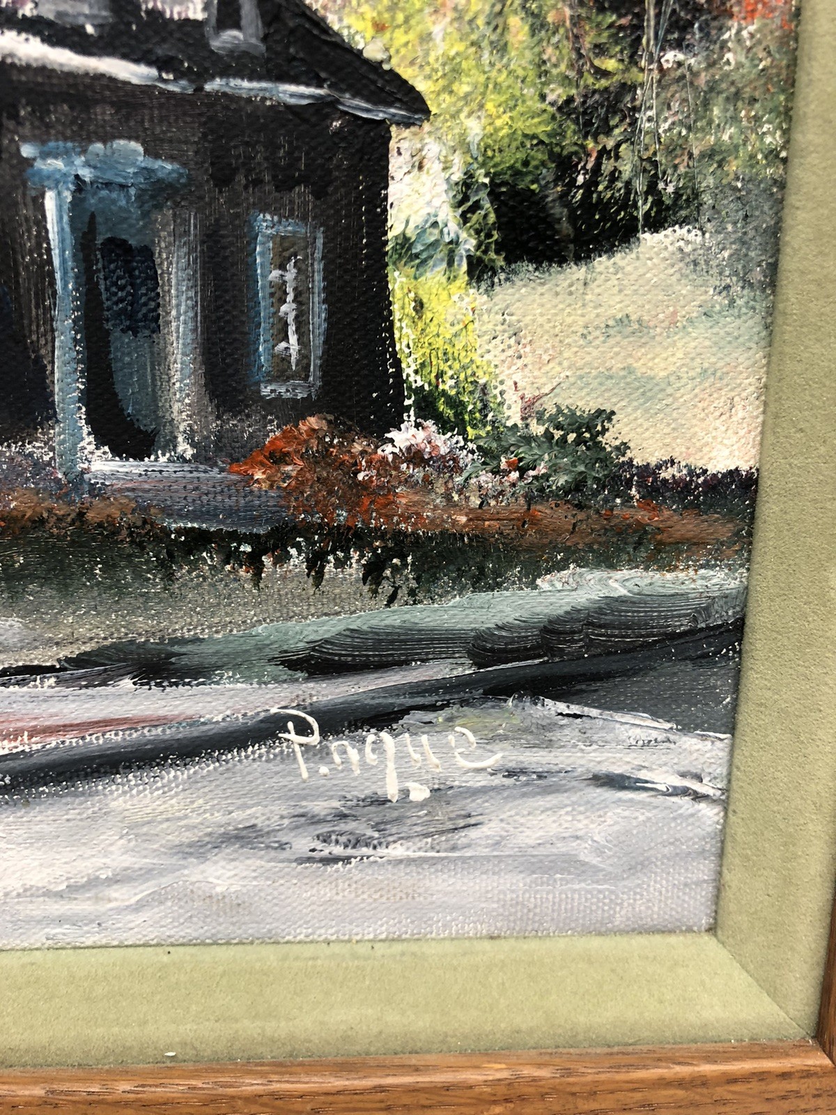 VTG Original signed Oil On Canvas Framed Art Rustic Cottage Scene 13.5 X 16.5”