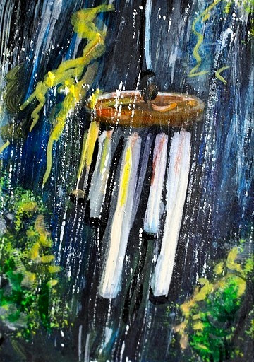 ACEO Original PAINTING Summer WINDCHIMES Storm Night Rain Trees CABIN ATC ART