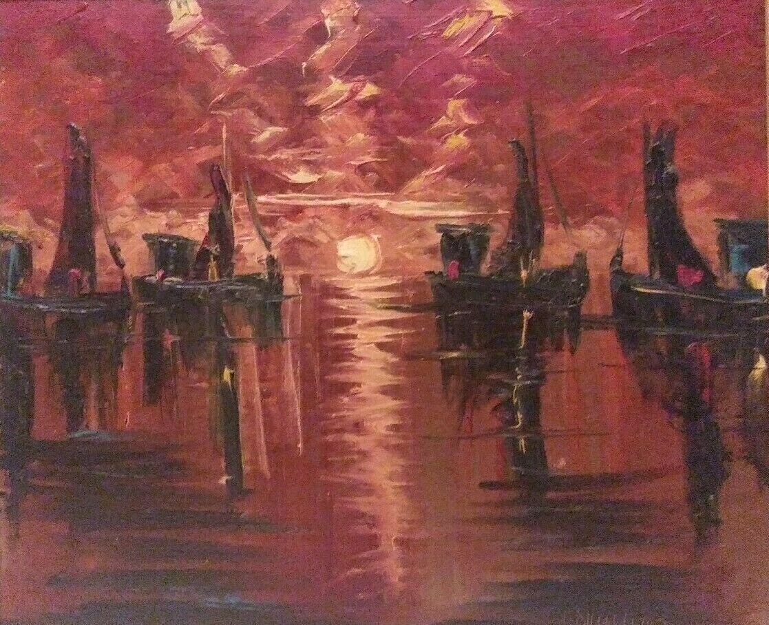 DANISH Artist E DYREMOSE Sd ORIGINAL OIL on BOARD «HARBOR PARTY from ESBJERG»