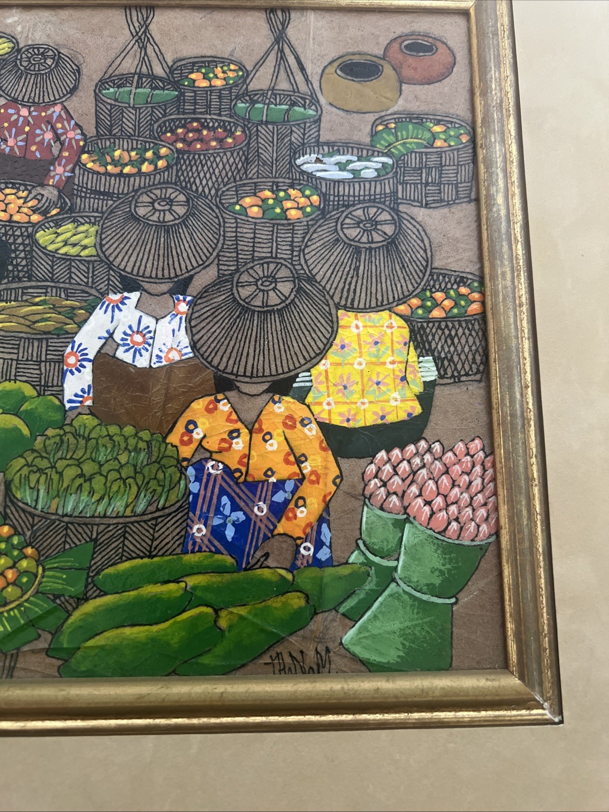 Asian Thai Expressionist Leaf painting-Artist Thanom-Vintage-Mid Century Modern