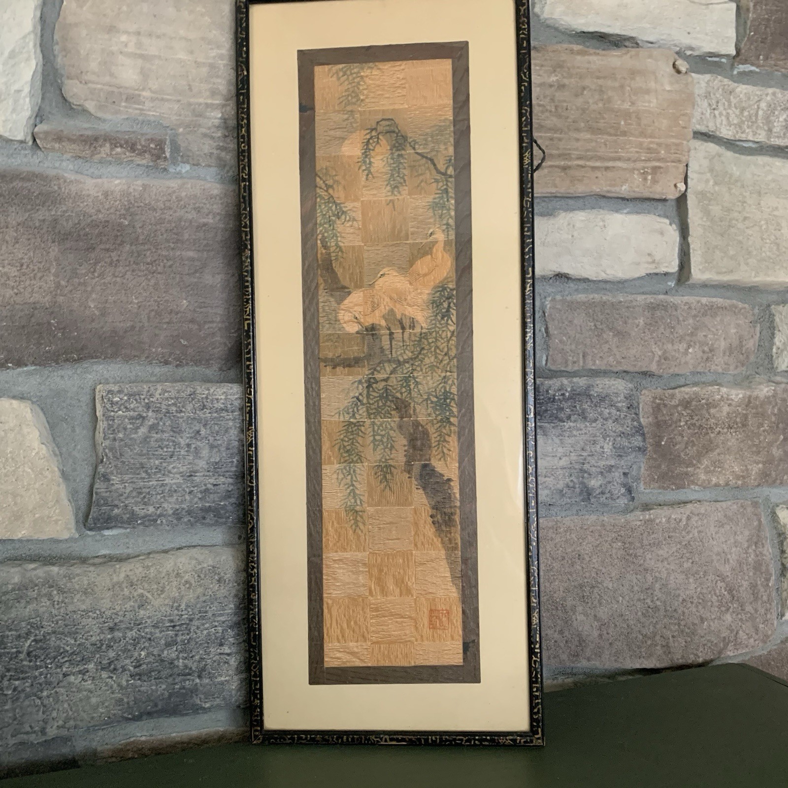 Antique Japanese painting woven gold Paper White birds Wading Water Trees 8×21”