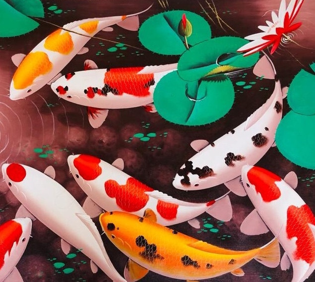 Beautiful Oil Painting of Koi Fish and Bamboo Fountain