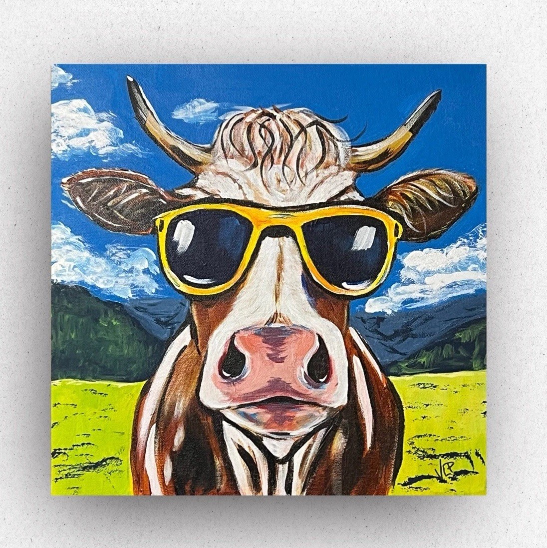 Whimsical Cow In Sunglasses Expressionist Art Acrylic 12×12” Canvas VLP Original