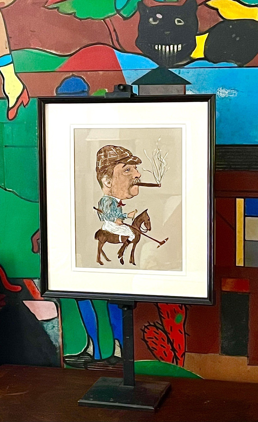 Original Polo Player Caricature Study on Board Pastel-Graphite-Gouache