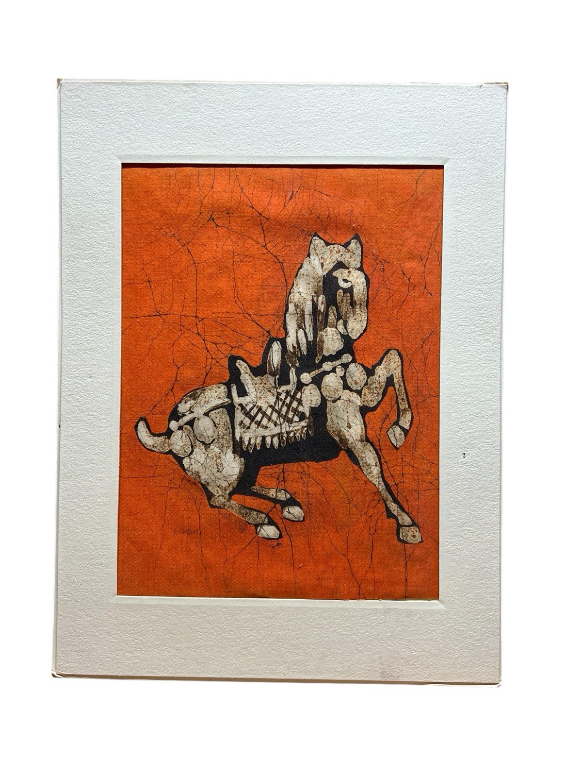 Mid Century Signed P Chan Batik Acrylic Painting on Fabric Chinese Tang Horse