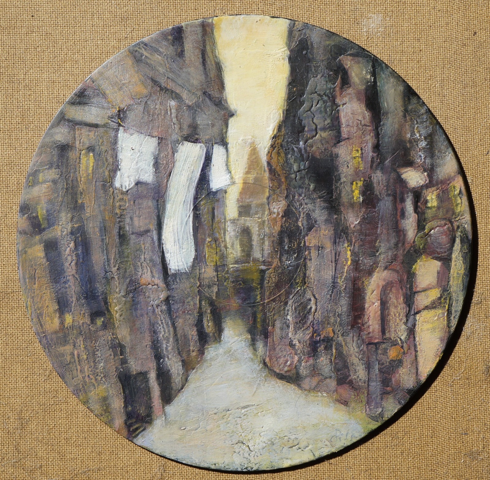 Oil painting original mixed media on vintage record Old town 30 cm Dora Pilssala