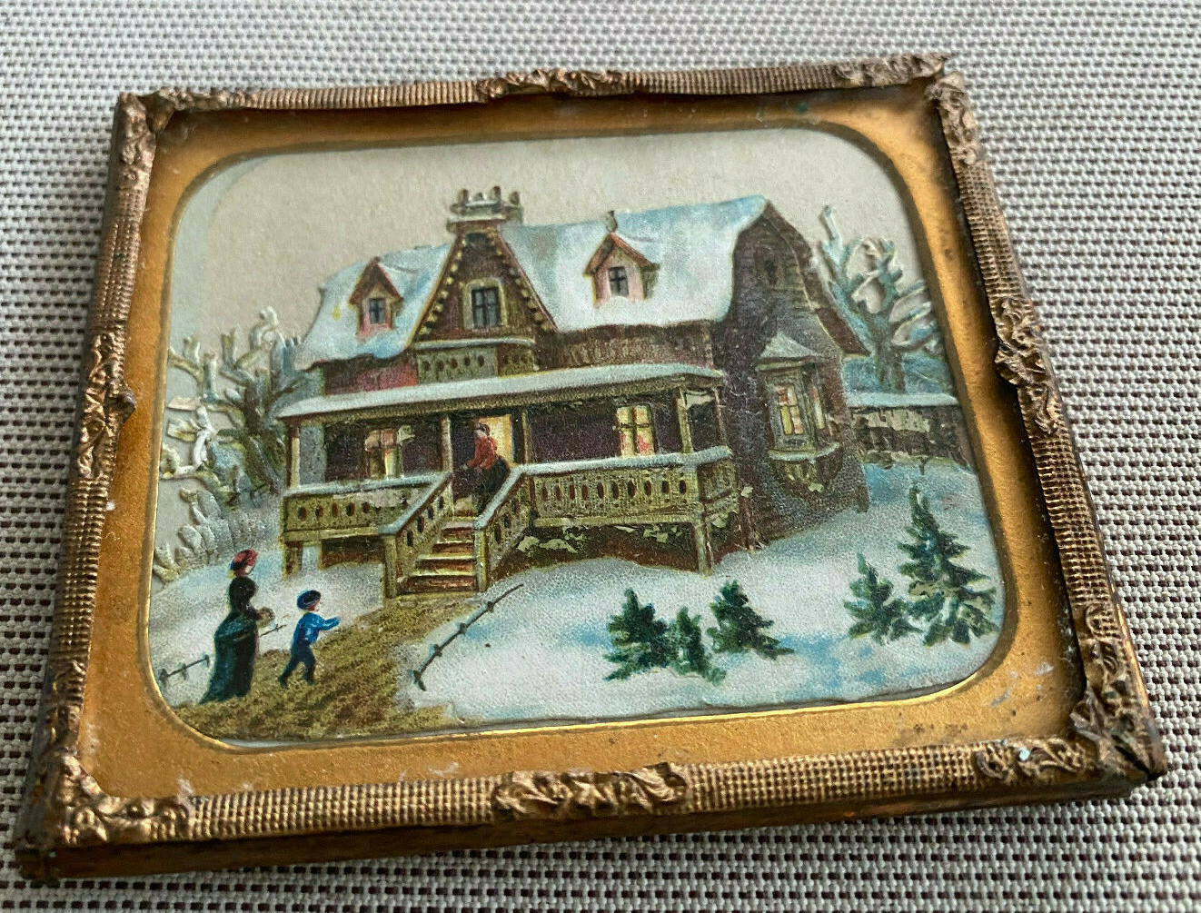 Antique Painting Frame Brass Copper Miniature Victorian House Home in Snow HELP?