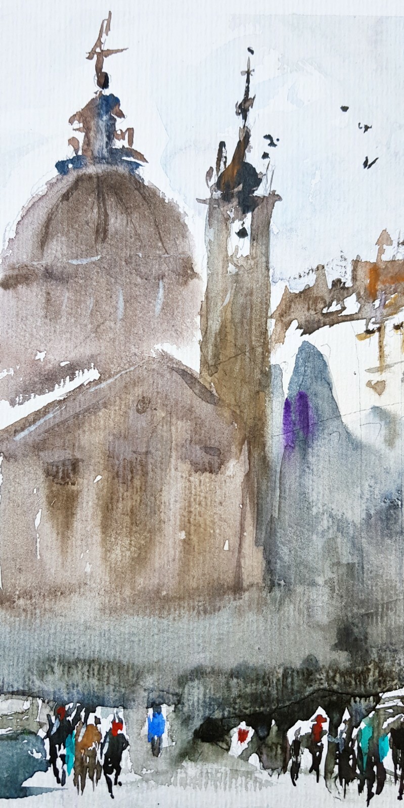 Original Watercolour Watercolour Mediterranean Houses People Street Sun Mood