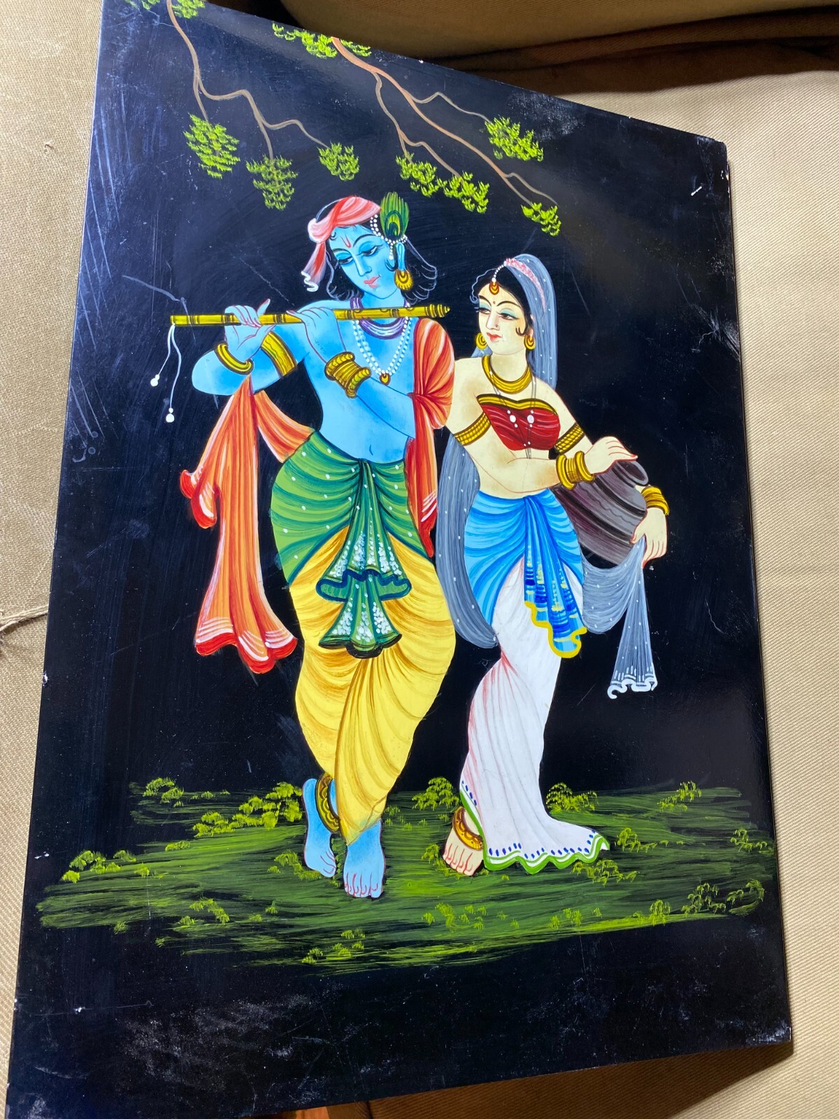 Indian Painting On Black Lacquer Panel «Krishna And Radha Scene»