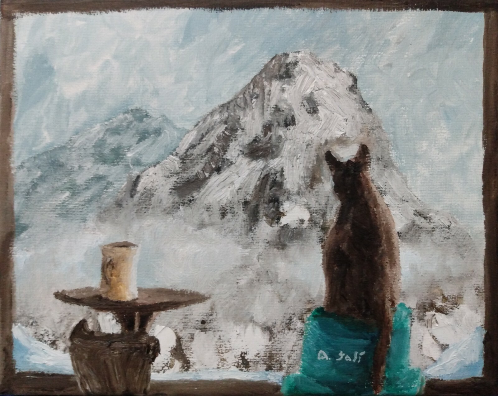 Oil Painting Cat and Mountain Landscape Window Coffee Mug Animal Art by A. Joli