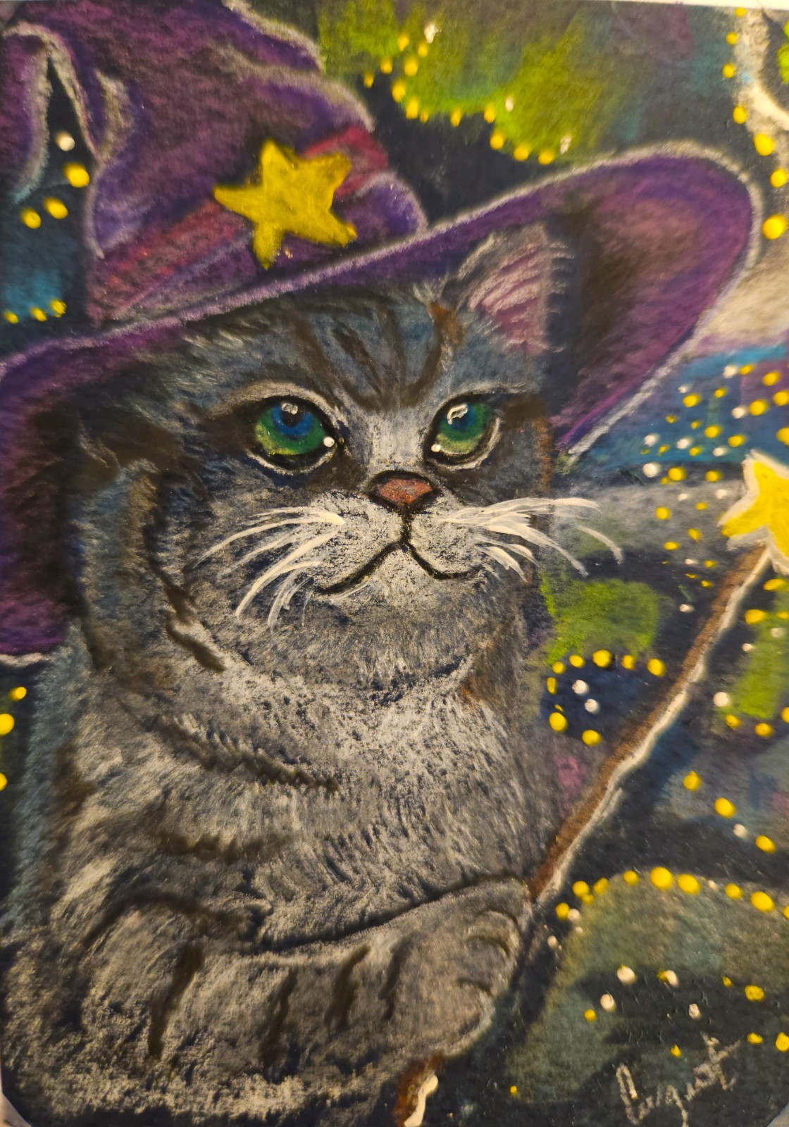 ACEO Cat Halloween Northern Lights Aurora Borealis Miniature Pastel Painting