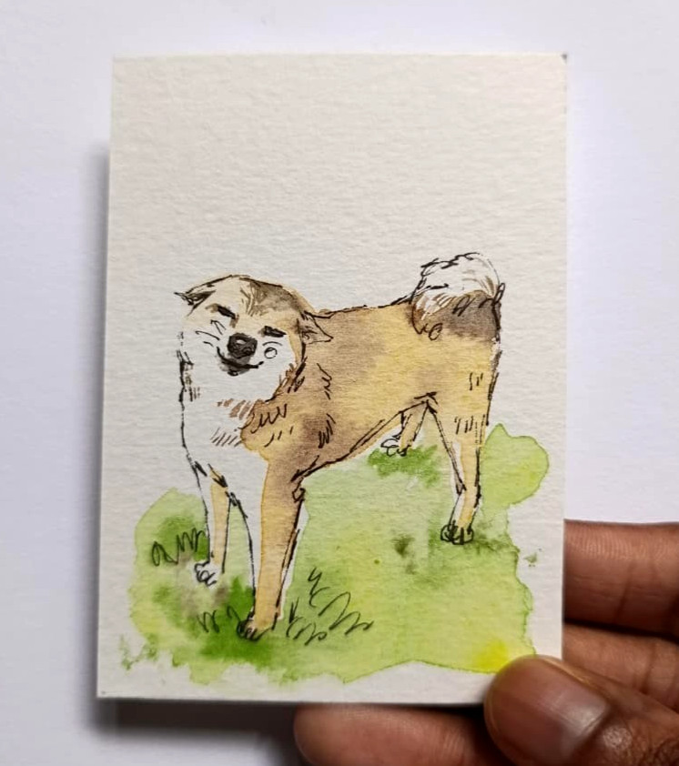 ACEO Original Watercolor Painting Shiba Inu Dog Smiling Grass OOAK Miniature