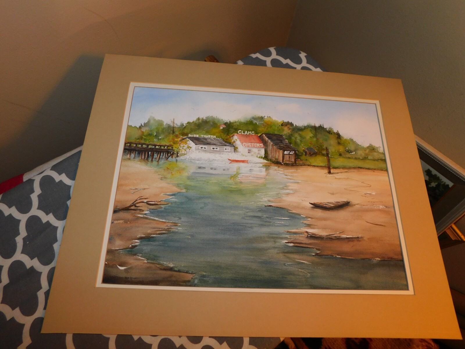 Original Watercolor Clam Oyster Shack Buzz Tavern Boat Signed Janey ’83