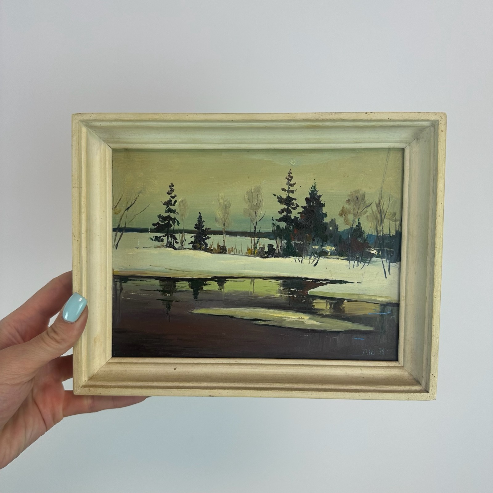 Soviet watercolor painting, USSR, landscape, lake, forest. Author’s signature.