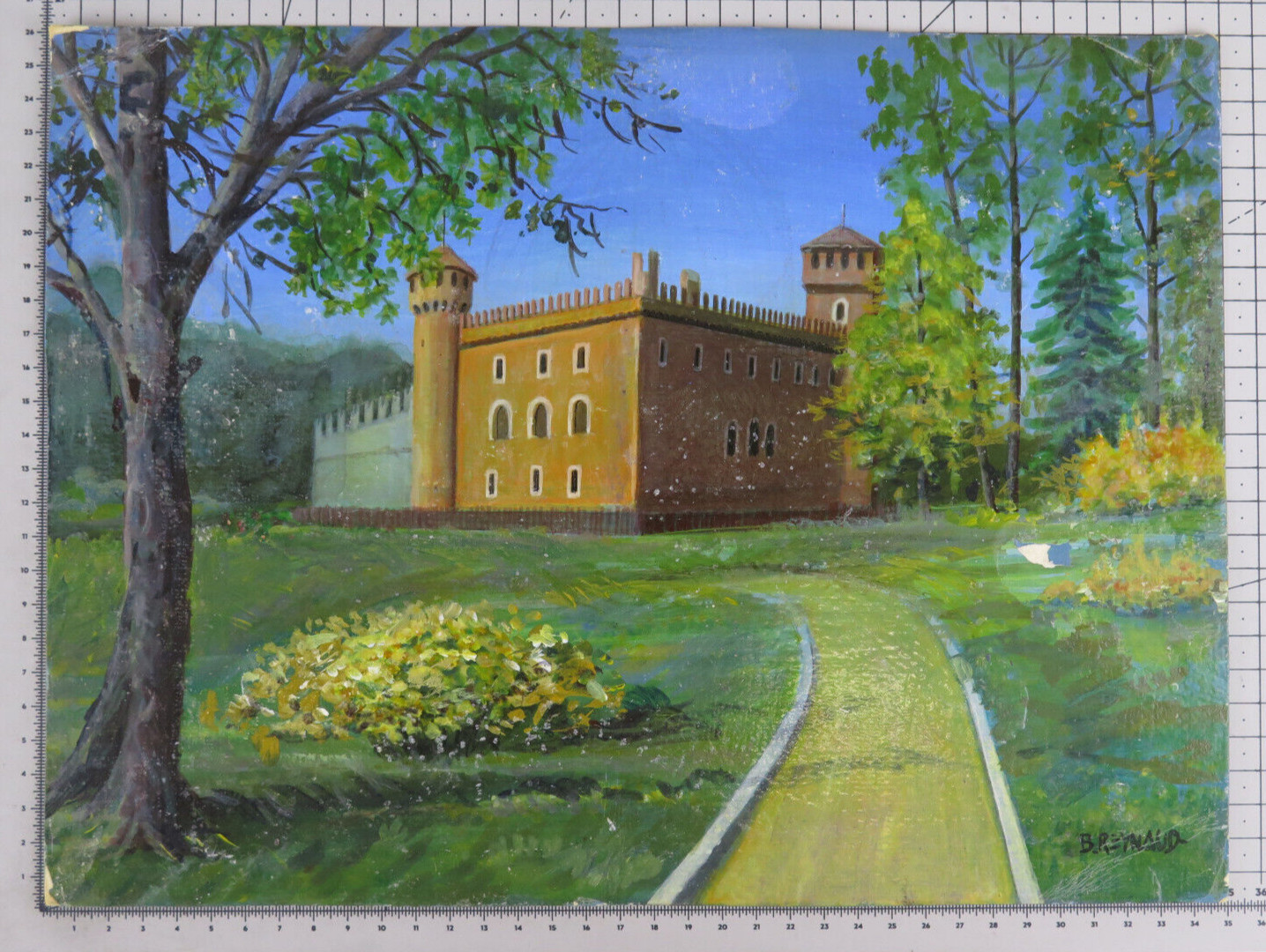 Old Painting Double-Sided View Medieval Village Turin And Abstract BSN