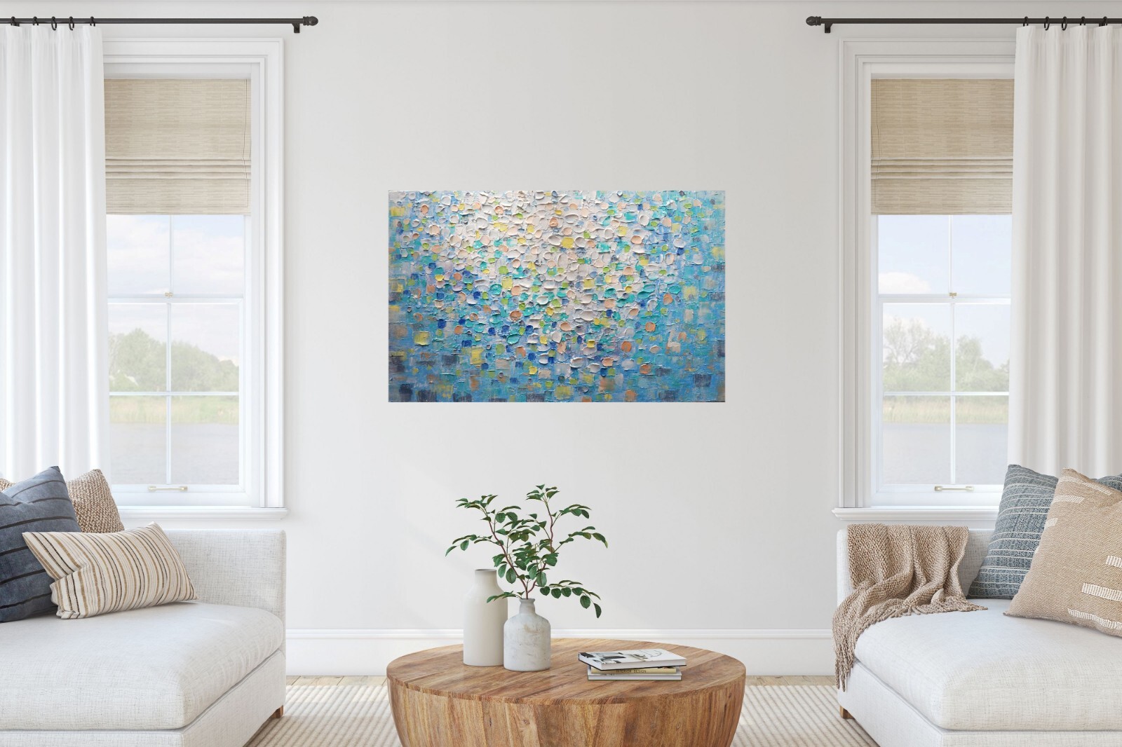Large Textured Abstract Painting 48×30 Misty Coastal Ocean Water Art Original