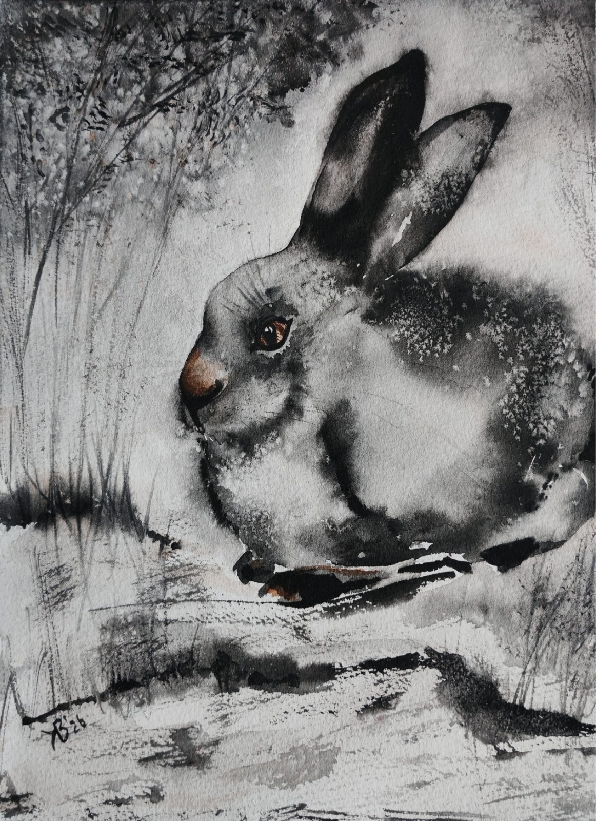 Original Watercolor Hare Gray Black Rabbit Winter Forest Snow Hand Made