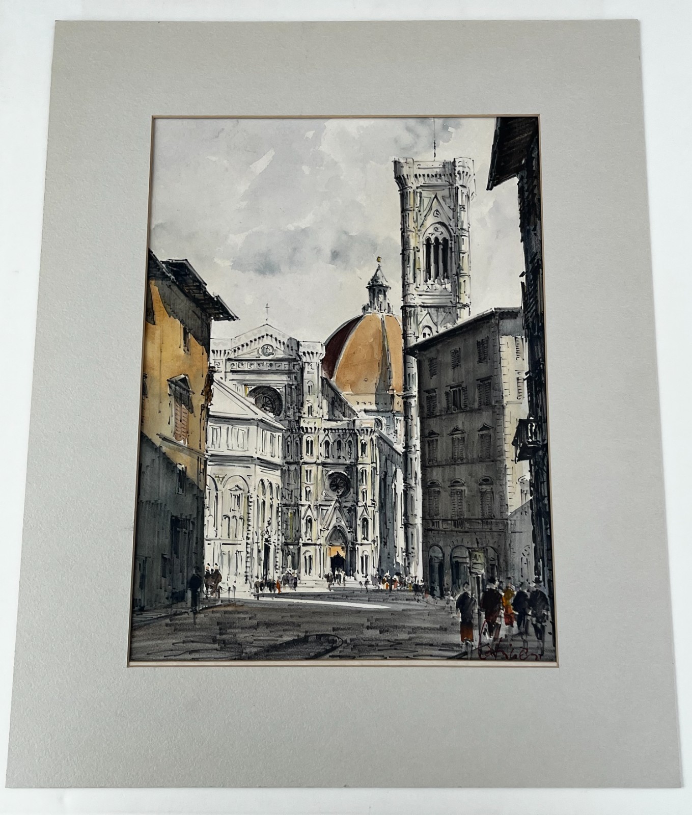 Giuseppe Capineri (Italy1923-) «The Cathedral» Mixed Media Painting on Cardboard