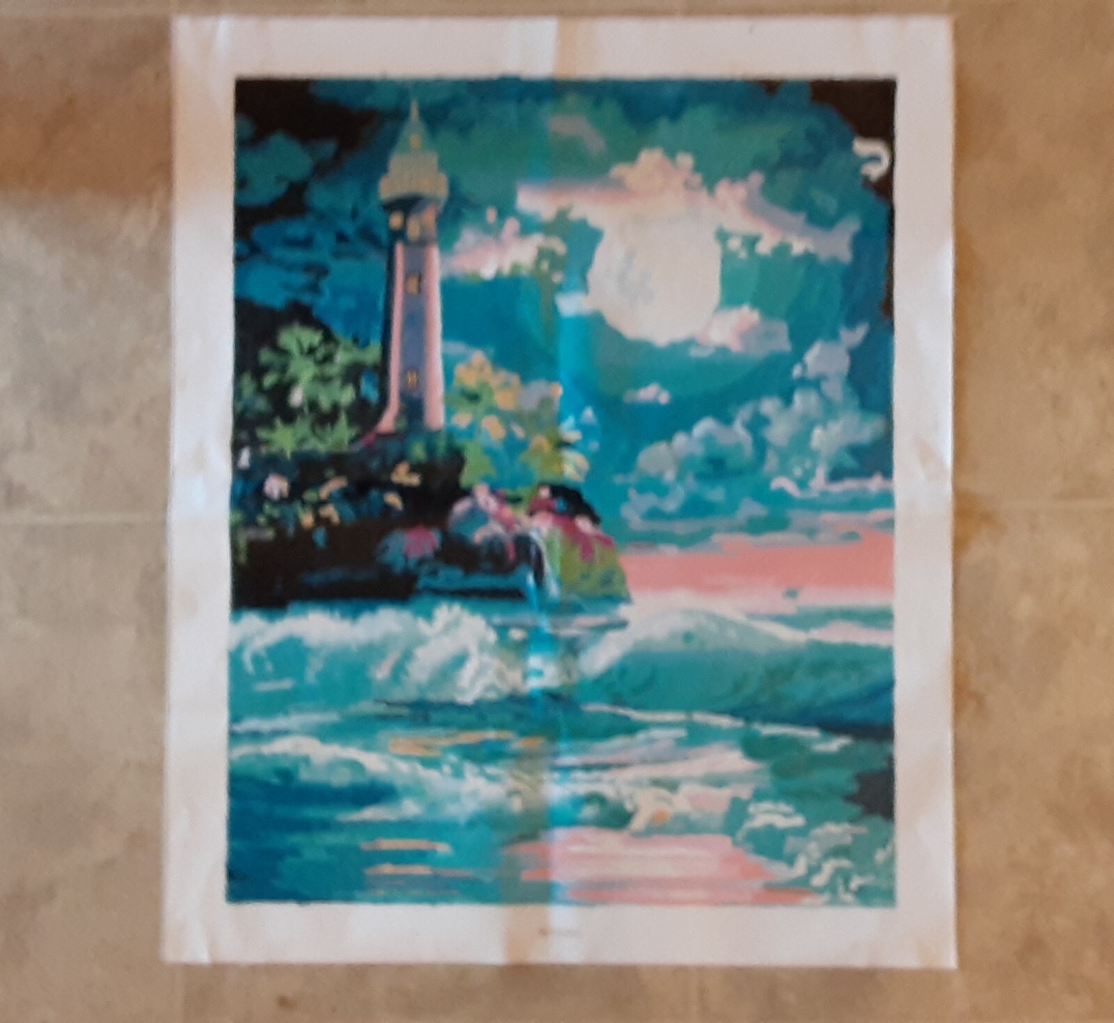 Lighthouse Hand Painted By Number Painting on Canvas Completed Unframed 16 x 20
