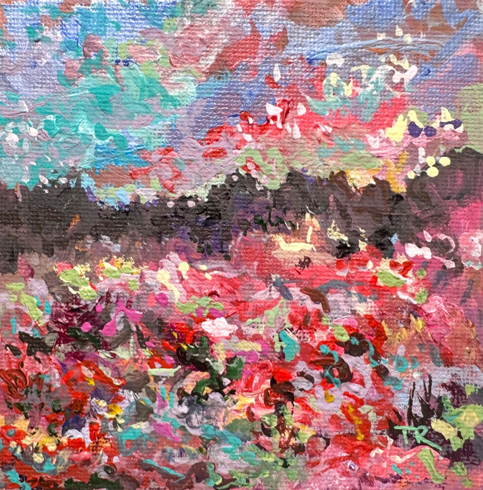 Wildflower field Original art Landscape red flower floral Acrylic Painting 4×4”