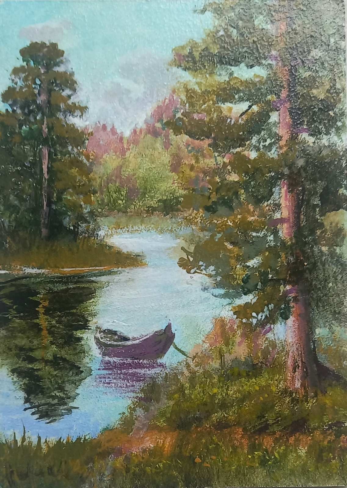Acrylic Painting on hardboard Landscape River Bank Small Wall Art 5 x 7 in
