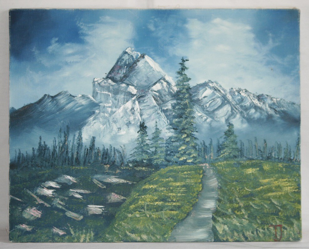 Hiking Trail Meadow Snow Capped Mountain Original Acrylic Oil Painting on Canvas