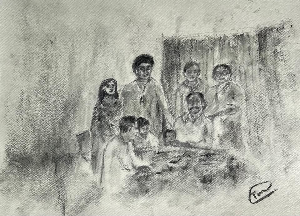 Original South Asian Family Charcoal Vintage Monochrome Art Signed by Artist