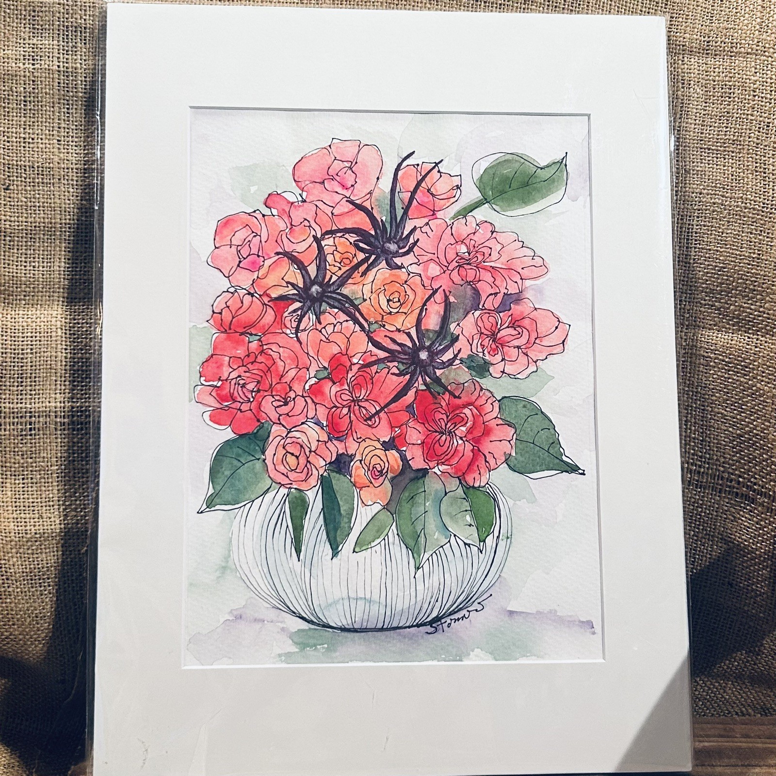 Floral Orig Watercolor Pen/Ink Vase Gorgeous Pinks/Reds 12 x16 ready to frame!