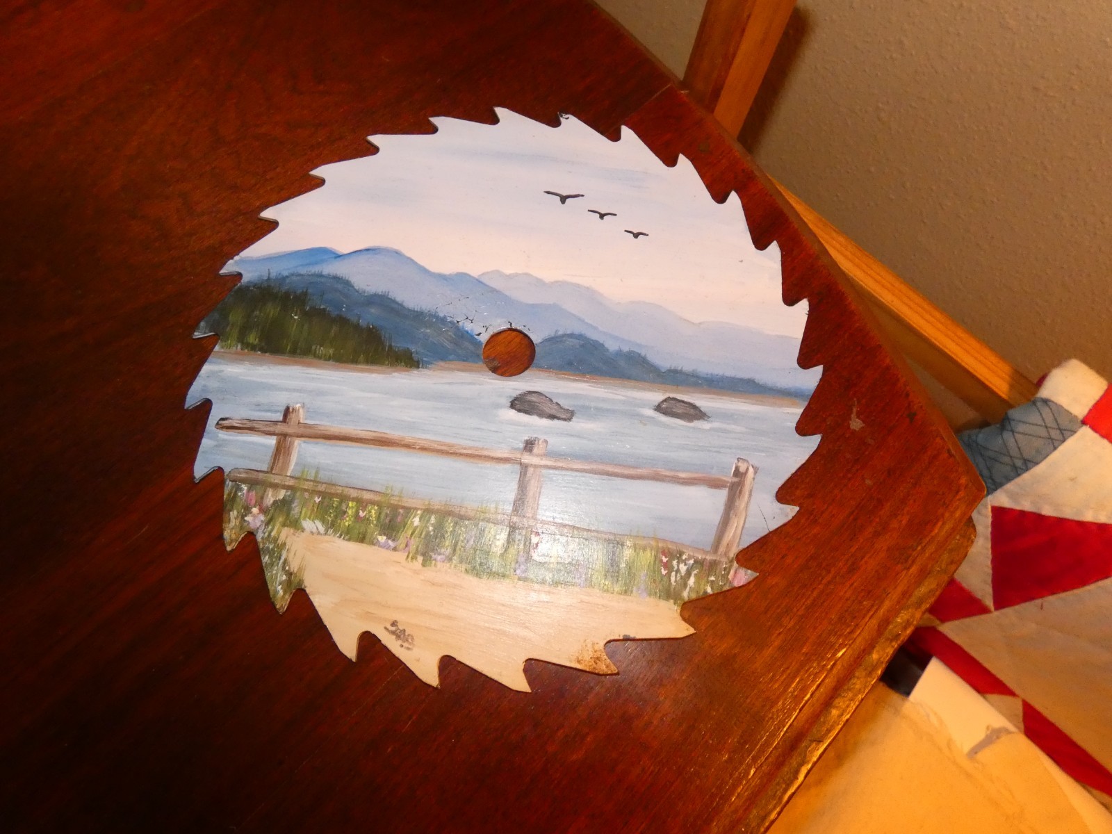 Saw Blade Original Oil Painting Artist Signed Lighthouse Reversible Lake