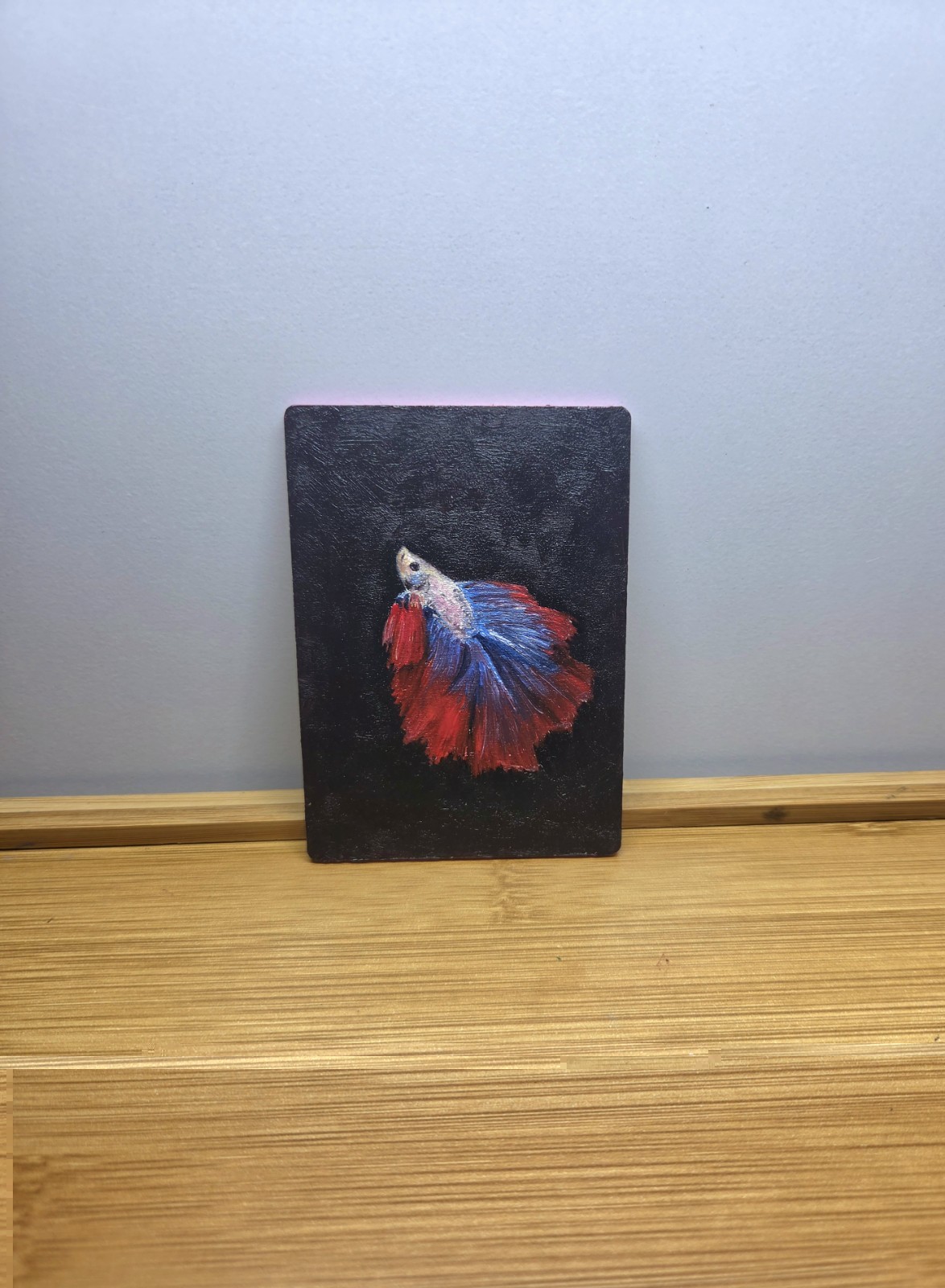 ACEO Original Fish Painting | Oil On Wood | Beta Fish Red Blue White Detailed