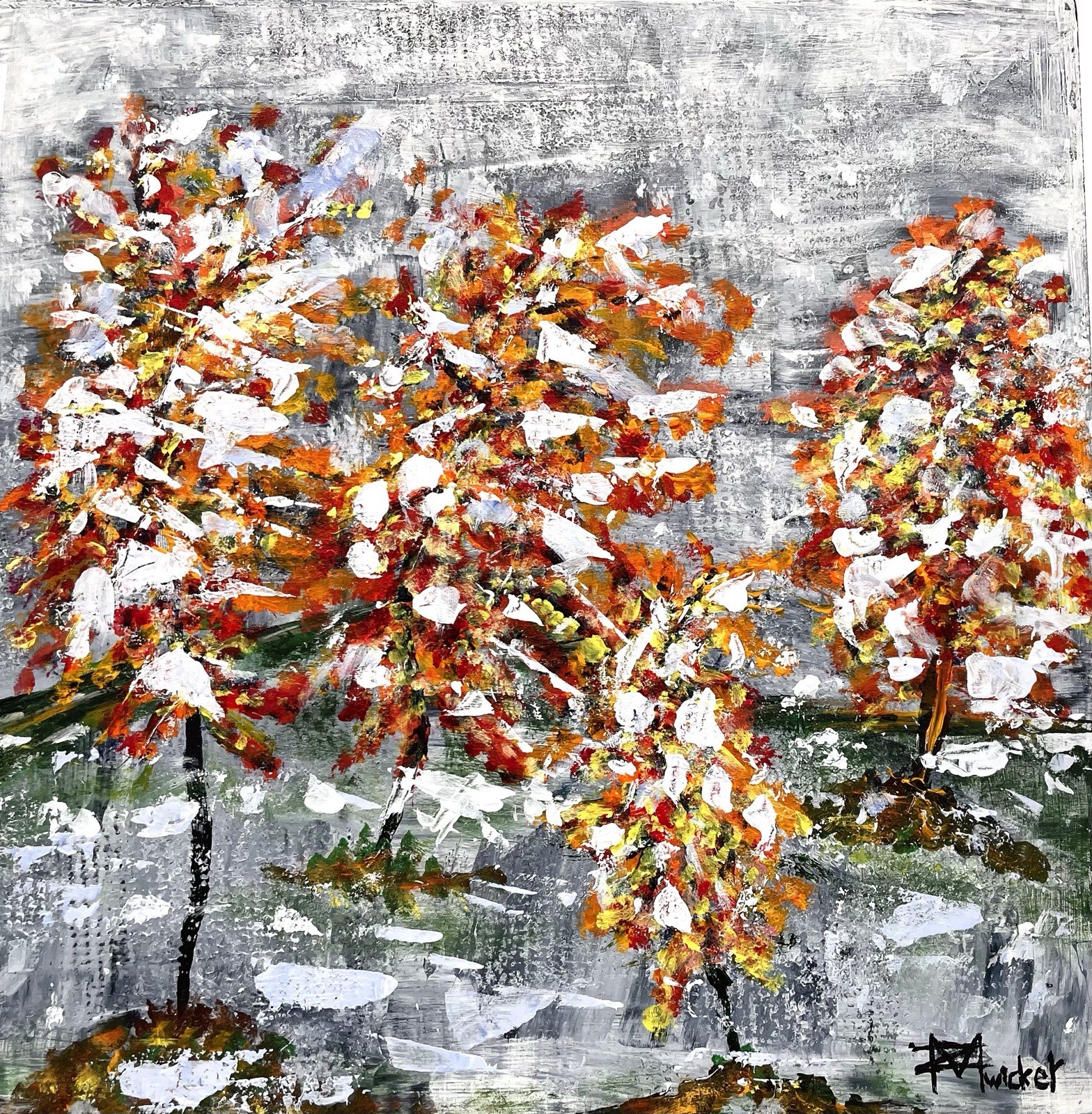 Original Textured Painting Autumn Trees Cradled Wood Panel Landscape Art 10×10