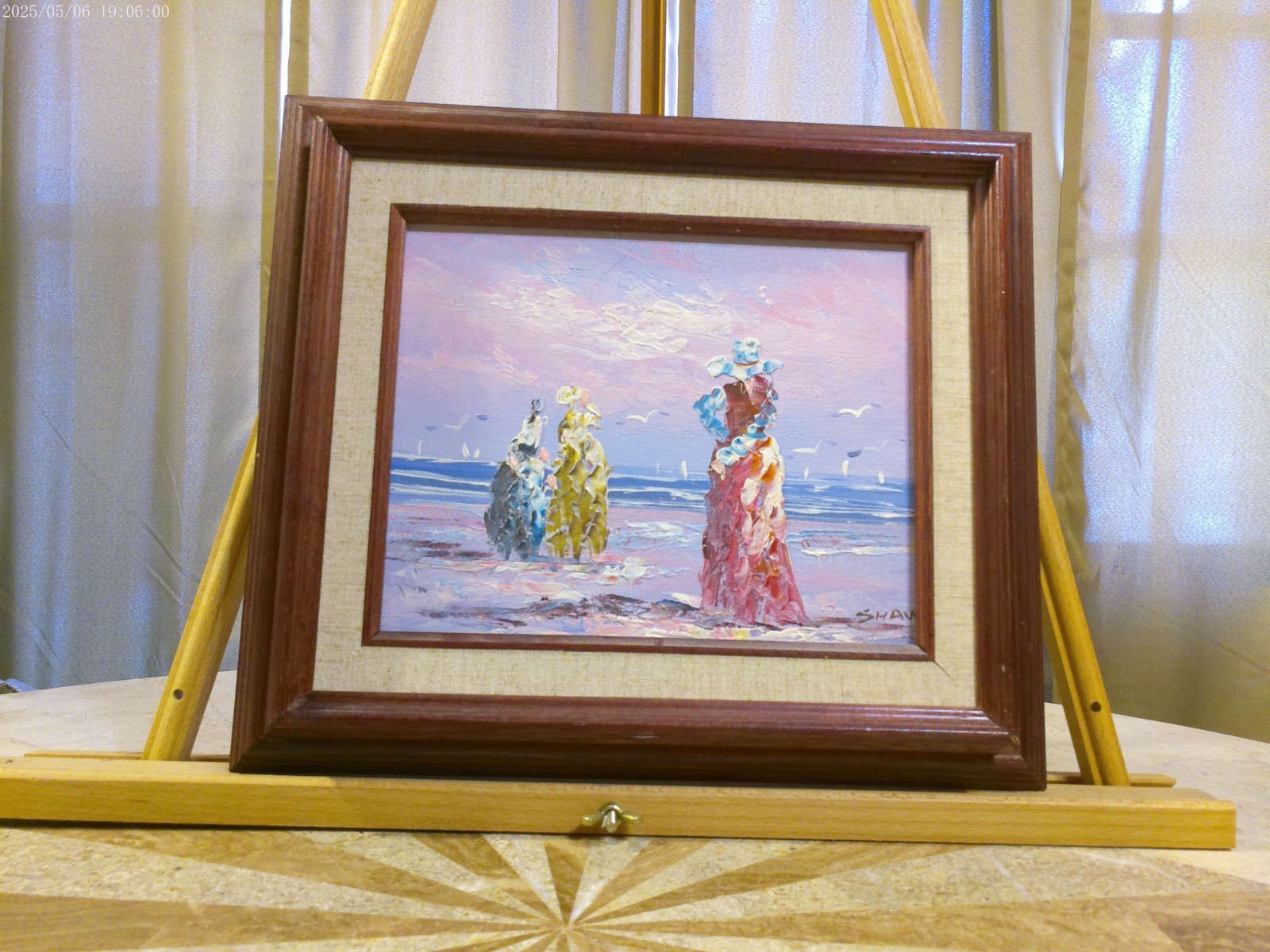 Impressionist Ladies on the Beach Oil Painting by Shaw: Framed & Matted: 12″x14″