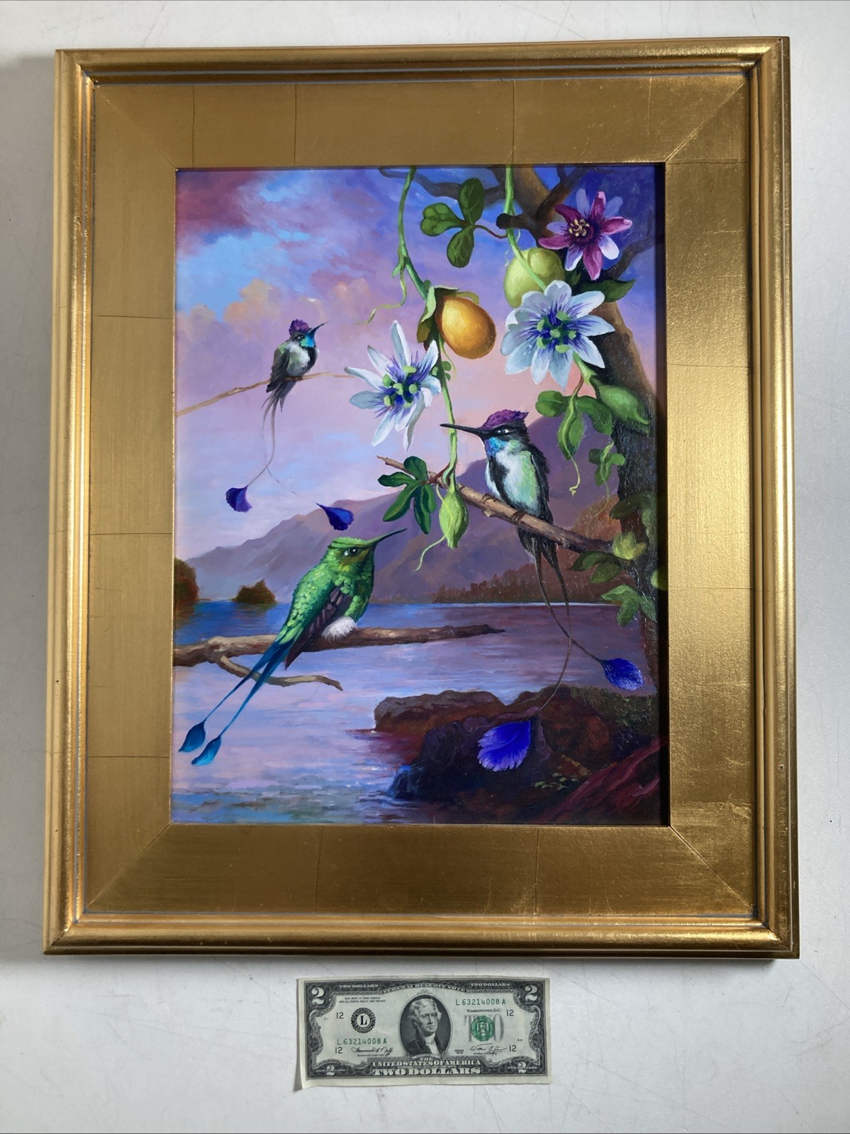 Vintage Original Acrylic Painting Exotic Birds Flowers Fruit Landscape Signed
