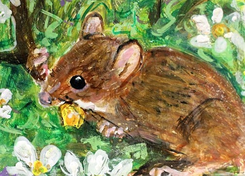 ORIGINAL ACEO Painting Field Mouse Spring Flower Animal Nature mice ATC ART