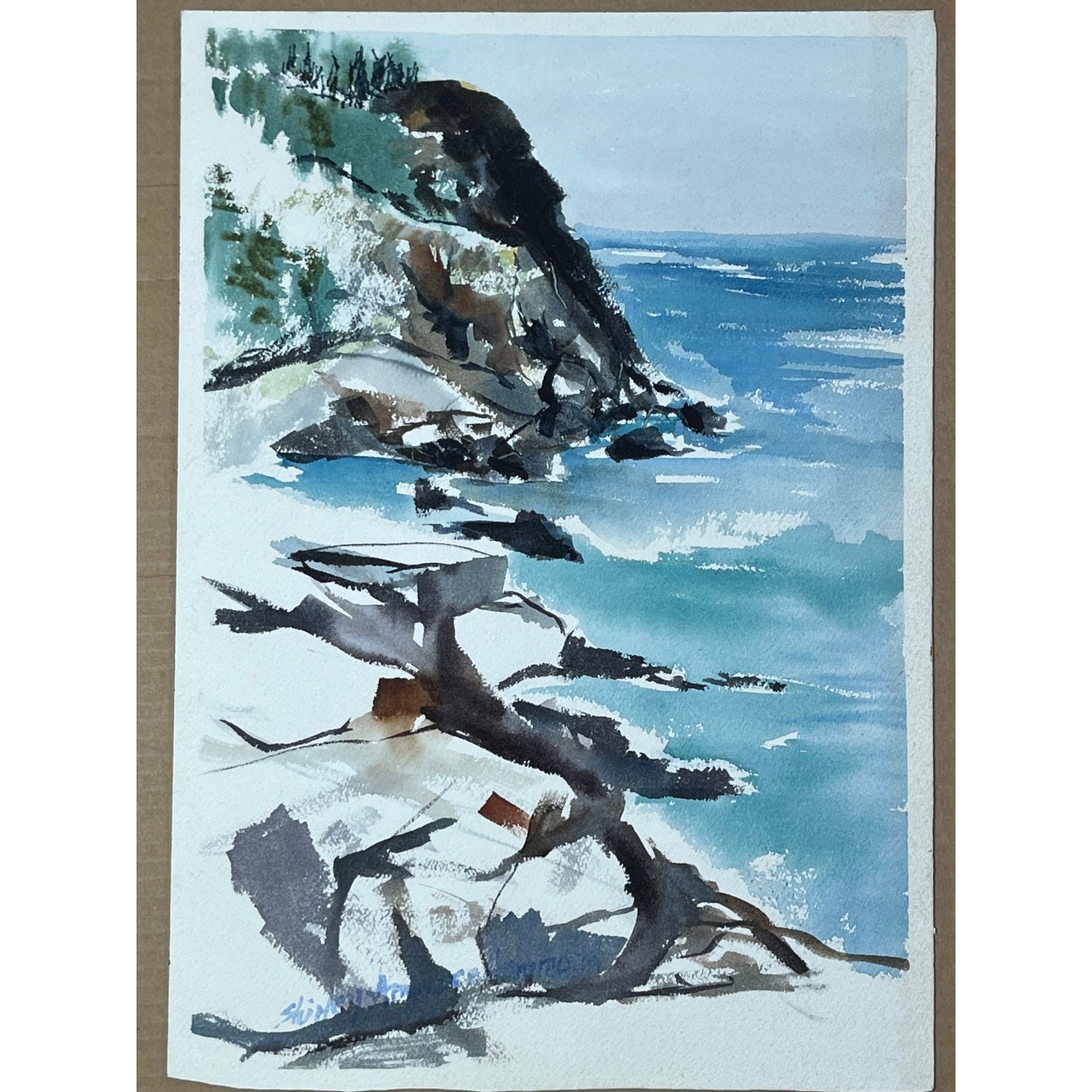 Beautiful Vintage Water Color Painting art. Cliffs,Water, Woods. Nature. signed