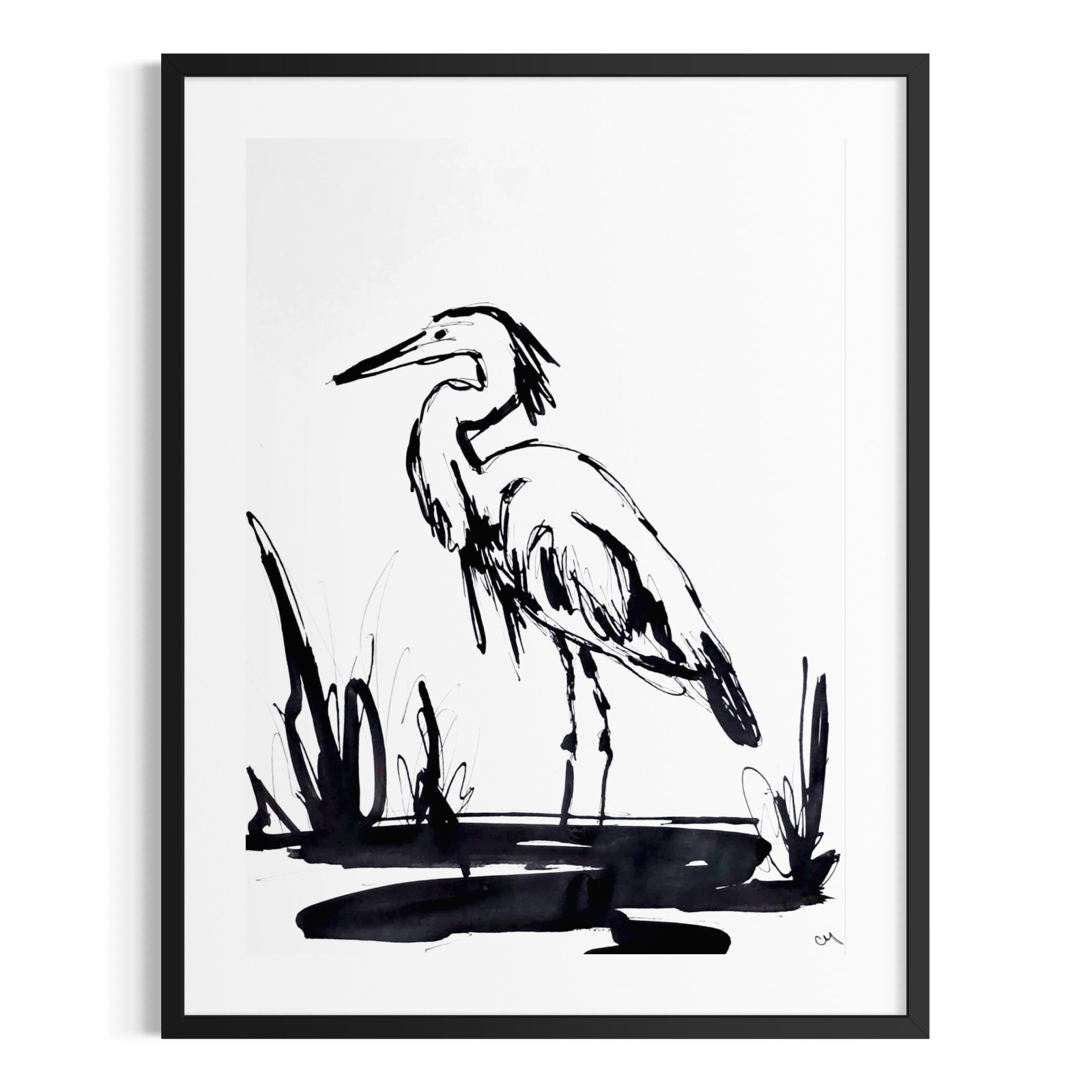 Original Hand Painted 9×12 Minimalist Heron Signed Acrylic Paper Wall Decor
